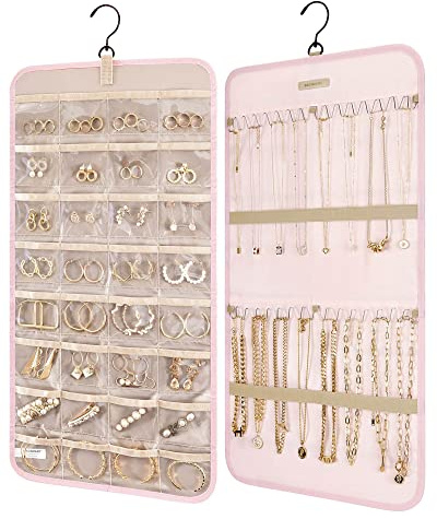 Bagsmart Smyckesförvaring för upphängning, förvaringsrulle med hängare, metallkrok, dubbelsidig smyckeshållare för örhängen, halsband, ringar på skåp, vägg, dörr, 1 st, stor, svart, Medium, Modern