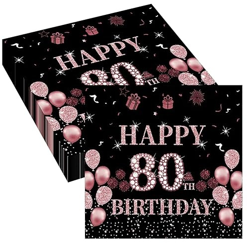 Wentsent Schwarz Rose Gold Servietten 80. Geburtstag, Vintage Papierservietten, 40Stk Cocktailservietten, Einweg Servietten für Frauen Party Deko