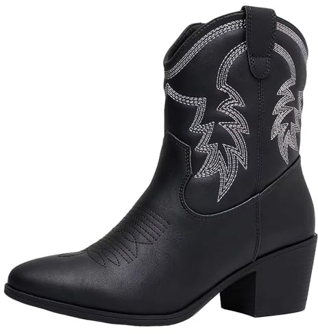 ANUFER Damen Mittlere Wade Cowboystiefel Gestickt Blockferse Seitlicher Reißverschluss Westernschuhe SN079163D Schwarz EU40