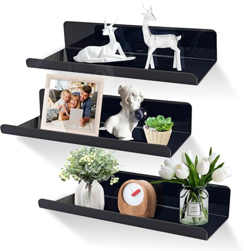 SHEPIN 3er Set Wandregal ohne Bohren Wand Schwarz Schweberegal, 30cm Regal Ohne Bohren aus Acryl Badezimmer Regal Zum Kleben, Wall Shelf Bilderleiste Bücherregal Kleberegal Bad Selbstklebend
