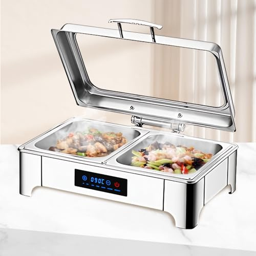 BOVDC Chafing Dish Electrico(B, 1/2 Pan) | 9L Calentador de Comida Electrico para Buffet Temperatura Regulable, Chafing Dish Buffet con Tapa Visible Acero Inoxidable