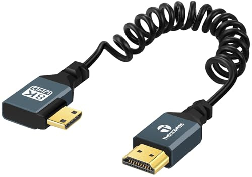 Thsucords Spiralkabel 8K Mini HDMI auf HDMI 1M,90 Grad Linkswinklig HDMI auf Mini HDMI, Stecker auf Stecker Spiralkabel,Unterstützt 8K@60 Hz,4K @120 Hz,48 Gbps für Nikon/Canon DSLR, Camcorder, Laptop