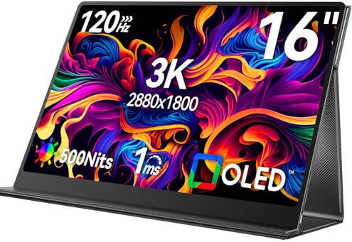 Newsoul OLED Portable Monitor 16 Zoll 3K 2880x1800 120Hz, 100000:1 100% DCI-P3, 500 Nits, 1ms Reaktionszeit, 16:10 mit Mini HDMI & Type-C Port VESA & Smart Cover für Laptop PC Handy Xbo Switch