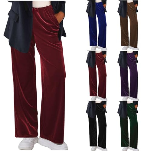 Pantalon de jogging en velours pour femme - Couleur unie - Jambe large - Pantalon de détente pour femme - Cordon de serrage - Taille élastique - Pantalon de jogging thermique - Jambe droite - Vintage
