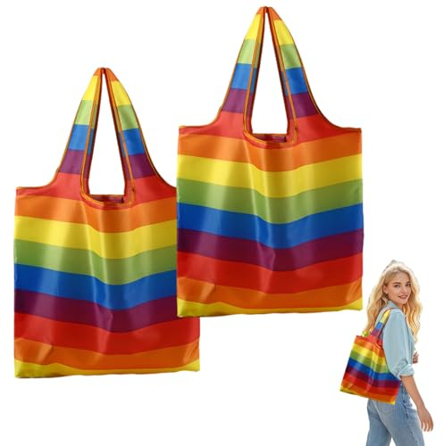 WUERKIYA Regenbogen Handtasche Faltbar, Bunt, Großer Einkaufstasche, Oxford-Stoff, 2 Stück, 46x41x25cm, Tragbar, Umweltfreundlich