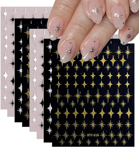Lilbitty 8 Blatt Stern-Nagelkunst-Aufkleber, 3D, selbstklebend, silber goldene Stern Nagelaufkleber für Nagelkunst, schwarz-weiße Stern Nagel Abziehbilder, Stern Nageldesign für Acrylnägel