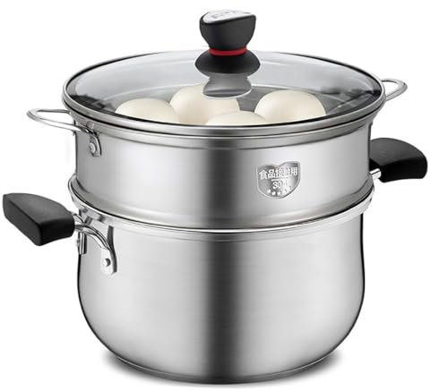 Olla vaporera de acero inoxidable, vaporera de alimentos de 2 niveles con tapa de vidrio, vaporera de verduras pequeña de 20 cm, 22 cm, 24 cm, comida ideal for 2-6 personas(22cm)