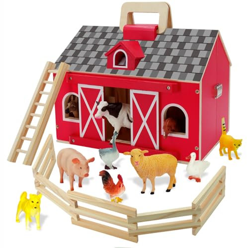 SIMPLIPLAY Bauernhof Tier Spielzeug mit Handheld großen hölzernen Spielzeug Scheune, 10 PCS Bauernhof Tierfiguren für Kinder 3+ Jahre alt, Jungen & Mädchen, Tierliebhaber, Geschenk für Kleinkinder