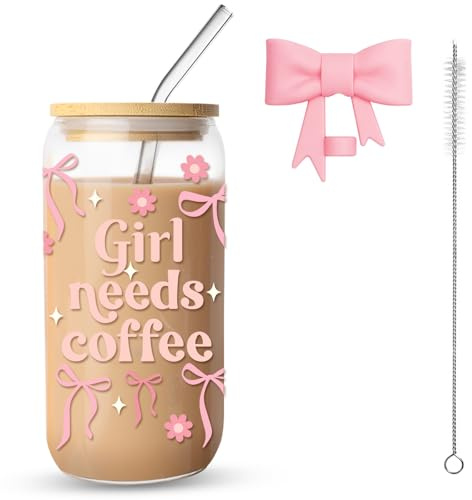 16oz Pink Bow Glass Cup with Lid and Straw, Aesthetic Mason Jar Tumbler for Iced Coffee, Matcha, Juice, Smoothie, Cute Coquette Glass Mug for Girls, Women, Friends, Daily & Party Use (Coffee Girl Cup)