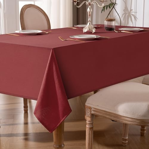 Tischdecke Abwaschbar Rot – 140x220cm Tischtuch aus Polyester in Leinenoptik, Wasserabweisend mit Lotuseffekt, Kratzfest und Pflegeleicht für Wohnzimmer, Esszimmer, Balkon & Garten