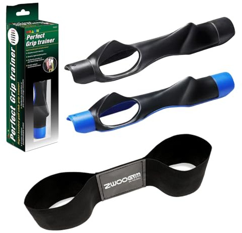 ZWOOGYM Golfgreppsats, 2-pack golfgreppstränare med 1 svängkorrigerande armband, för att hjälpa till att träna korrekt handposition, golfträningshjälp, (svart band + svart och blå grepptränare, 1)