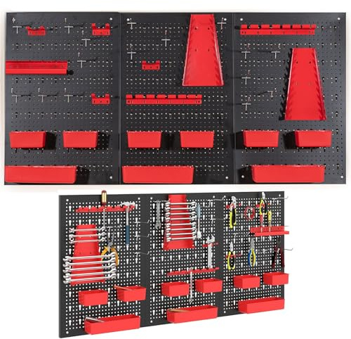 GYMAX Lot de 3 Panneaux Perforés pour Rangement d'Outils Bricolage, Porte-Outils Mural Métalliques avec 34 Accessoires (Crochets, Bacs, Supports) pour Garage, Atelier, Maison, 120x60cm