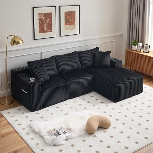 Wyibwy Sofá modular de 3 plazas con bolsillos laterales y portavasos, sofá esquinero en forma de L con chaise longue y 2 plazas, sofá modular con 5 almohadas, sofás de compresión, terciopelo acanalado