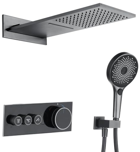 BEITH Système de Douche Thermostatique Mural, 550x228mm Colonne de Douche Encastrée avec Affichage Numérique LED, Pluie, Cascade, Pommeau de Douche en Acier Inoxydable 304, Douchette à 3 Modes, A