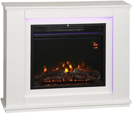 HOMCOM Chimenea Eléctrica con Efecto de Llama de 5 Niveles de Brillo, Luces LED de 12 Colores, Chimenea Decorativa, 1000/2000W, Temporizador, Termostato Digital, Mando a Distancia, para 30 ㎡, Blanco