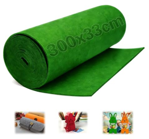 Ezitruz Filz Meterware 300×33 cm, Filzstoff Grün Filz 3 mm Dick Filzrolle Filzmatten zum Fuschneiden Bastelfilz Polyester für DIY Handwerk Filzunterlage Patchwork Aufbewahrungstasche Stickfilz