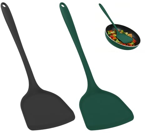 Grande Spatule Cuisine Silicone, 2 Pièces Maryse Résistante À La Chaleur, Longue Spatules Silicone Professionnel Antiadhésif, Monobloc Poignée Antidérapante pour Les Sautés en Cuisine, Noir & Vert
