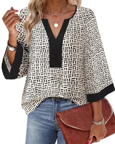 Bebonnie Summer Shirts for Women Vacation: Womens Three Quarter Sleeve V Neck Tops Boho Bohemian Floral Peasant Fancy Printed Striped Blouses for Work Office Formal Interview Attire Apricot Black XXL