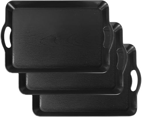 Elyyapt 3 Pack Black Serving Trays with Handles, Large Plastic Serving Trays Rectangular Servings Platters Non Skid Fast Food Breakfast Trays for Restaurant Party Coffee Table Kitchen, 42x28.5x3cm