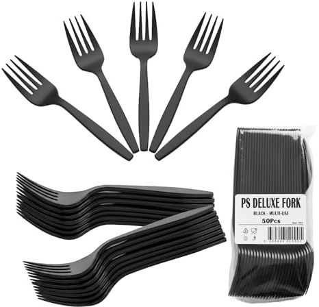 50 Black Plastic Forks Heavy Duty Disposable Cutlery Set for Party Catering | Rigid reusable design with snap resistant tines, for weddings, buffets, barbecues, takeaways, picnics and outdoor dining