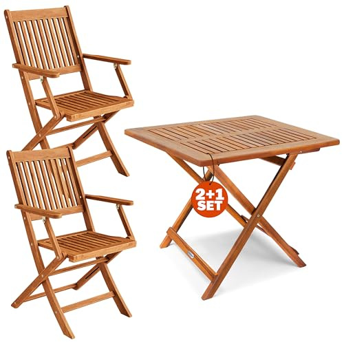 Casaria® Balkon-Esstisch-Set für 2-Personen, Wetterfest, FSC®-Zertifiziert | Wetterfest, 3 Teilig, 2x Stühle 38x54x11cm, 1x Tisch 70x70cm, Holz, Klappbar, 160kg, Akazie, Balkon, Garten, Terasse