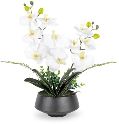 PlusFive Artificial Orchid, 37cm White Orchid Artificial Flowers in Pot, Fake Orchid Silk Phalaenopsis Flower Arrangement, Orchid Plant for Table Window Home Decor Housewarming Gift