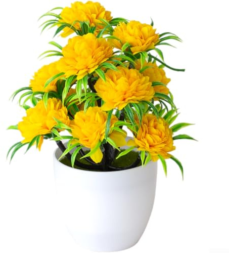 Bola de crisantemo de plástico con 12 cabezas de flores artificiales, adecuada para decoración del hogar, exhibición de oficina y varios entornos interiores sin mantenimiento (amarillo)