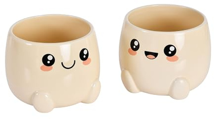 Elbenwald Chibi Chow - 2er Set Hanatomos Blumentöpfe Keramik Pflanztopf Stiftehalter Beige