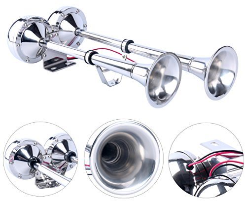 Amarine Made 12v Marine Boat Horn 125db Stainless Steel Dual Trumpet Horn for Ship Truck RV Trailer, Low and High Tone, 18-1/2