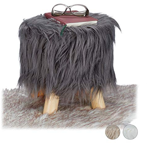 Relaxdays Fell Hocker, flauschig, 4 Holzbeine, gepolsterter Fußhocker, Kunstfell, rund, Dekohocker HxD: 31x31 cm, grau