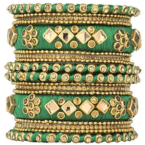 Aheli Ethnic Handmade Silk Thread Faux Stone Studded Bangle Set Chudha Indian Traditional Wedding Festive Wear Fashion Jewelry Gift for Women Green