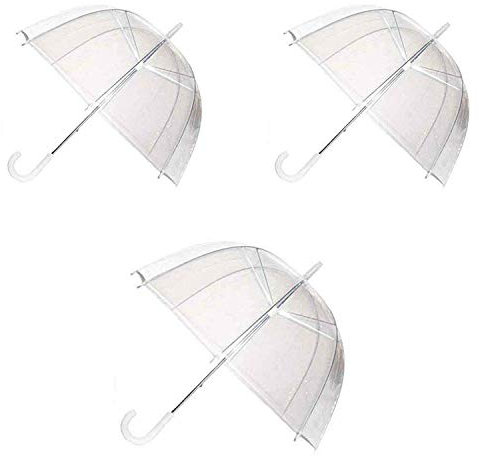 3 Pack Clear Dome See Through Umbrella | Transparent Walking Brolly | Wedding Translucent Umbrella | Semi-Automatic C-Handle White Bridesmaid Bridal Party