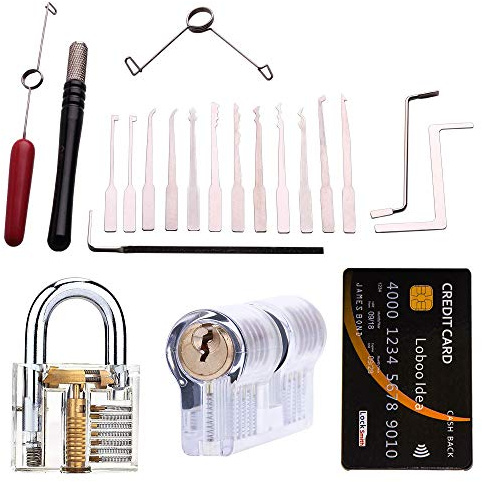 Loboo Idea 25-teiliges Lock-Pick-Tool-Kit von， Inklusive 18-teiligem Premiu Practice Lock-Pick-Tool, 2er-Pack Lockpick-Trainingsvorhängeschloss und 5-teiligem Kreditkarten-Set