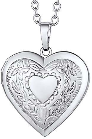 Suplight Fotokette personalisiert Herz Anhänger Halskette für Damen Mädchen platiniert Retro-Stil Blume Herz Medaillon zum Öffnen Bilder Amulett Herzanhänger für Valentinstag Muttertag