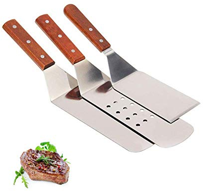 Voarge Juego de 3 espátulas de Acero Inoxidable, Juego de 3 Piezas de Acero Inoxidable para Pizza, Pala, Cortador de Parrilla, espátula de Cocina con Mango de Madera Antideslizante para barbacoas