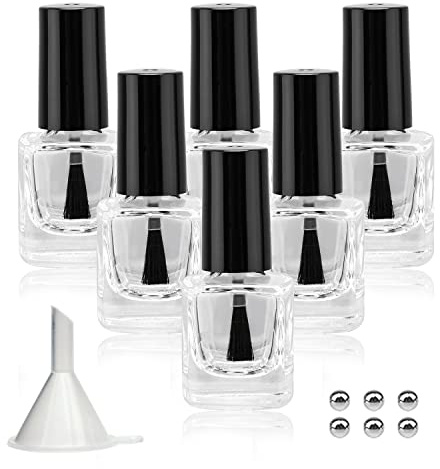 Agidea 6PCS Empty Nail Polish Bottles with Funnel, Empty Fingernail Polish Bottles Glass Rectangle with Brush & Mixing Balls Black (5ML)