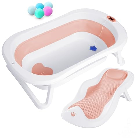 Bañera Plegable Bebé Con Asiento De Baño Antideslizante - bañera Bebe Plegable Con Termómetro - Asiento Bañera Bebe - Silla - Desde El Nacimiento Hasta Los 3 Años - Regalos De Nacimiento (ROSA)