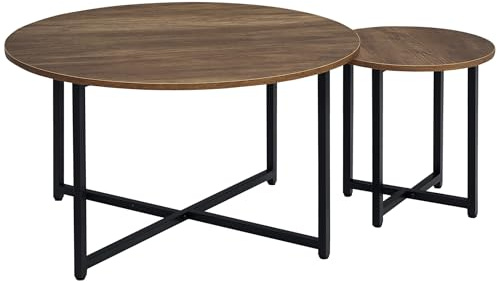 HOMCOM Round Coffee Table, Set of 2 Side Table with Metal Frame, Industrial End Table for Living Room Bedroom, Rustic Brown