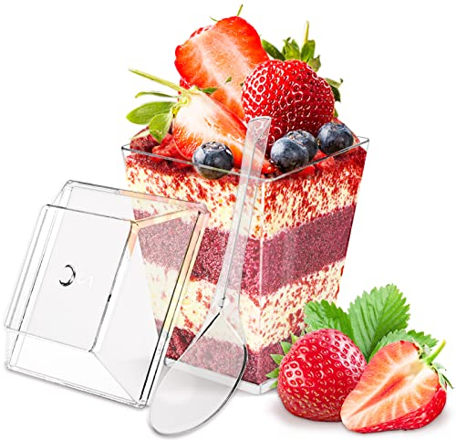 Huanmin 30 Pcs Monoporzione per dolci, 150ml Bicchierini finger food, Finger food con coperchio e Cucchiaio, Tazze da dessert trasparenti per il gelato, Budino, Mousse, Riso, Apericena