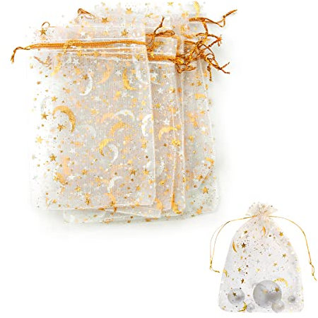 Jagowa 30Pcs Organza Bag with Drawstring, Mesh Gift Wrap Bags Star Moon Jewellery Pouches for Wedding Birthday Party Festival 10×15cm (White)