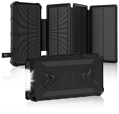 Banco de energía solar de 20000 mAh, cargador solar de 3 A, carga rápida con 2 salidas y entrada USB-C, batería externa resistente al agua para exteriores con 4 paneles solares y linterna para