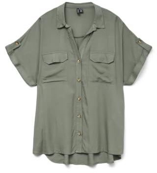 Vero Moda Camisa de Manga Corta a Rayas para Mujer con Bolsillos en el Pecho y Solapa de Botones, Verde, M