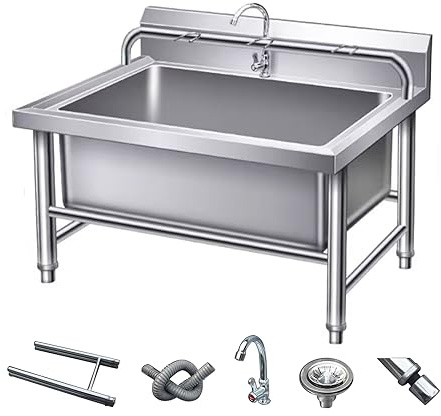 Fregadero Comercial Pila de Lavar,Fregadero de acero inoxidable for exteriores for lavado,Fregadero de Lavandería Portátil,con Grifo Y Desagüe(80cm/31.5in)