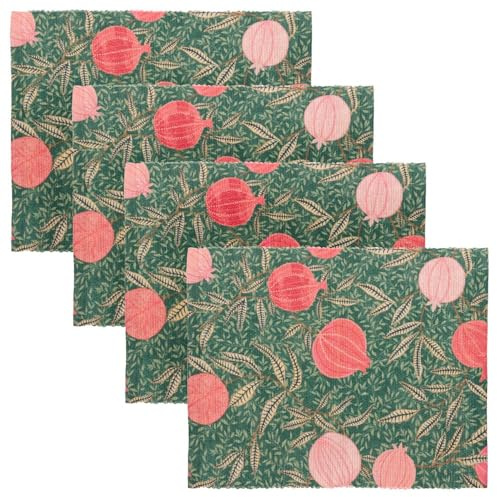 Paoletti Pomegranate Manteles Individuales – Juego De 4 Salvamanteles Lavables con Frutas Opulentas Y Hojas Doradas De Secado Rápido (Verde - 46x36cm)