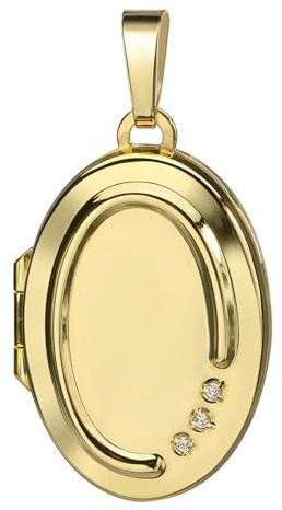 JEVELION Medaillon Gold 333 Anhänger mit 3 Zirkonia für 2 Bilder Foto Amulett oval zum Öffnen für Damen + Schmuck-Etui und Halskette