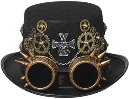 Unisex viktorianischer Steampunk Zylinder mit Brille und Ausrüstung für Damen Herren Karneval Halloween Cosplay Kopfbedeckung Zubehör
