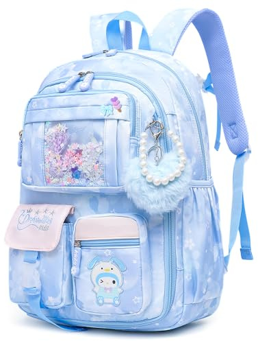 Lovely Girls Backpack School Bag for Students Kids Book Bag with Multiple Pockets Splash-proof Children's Backpack（17inch Set Blue）
