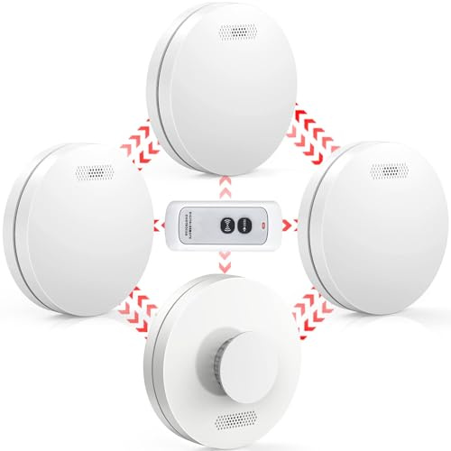 CPVAN Wireless Interlinked Smoke and Heat Alarm Scotland Bundle with 10 Years Battery Life, Fire Alarms Scotland Interlinked with Remote Control, CE & BS Certified, Pre Linked. 4 Pack