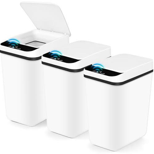 3 Pack Automatic Small Bathroom Trash Can with Lid - 3 Gallon Touchless Garbage Can, Motion Sensor Smart Trash Bin, Waterproof Wastebasket, Slim Dog Proof Trashcan for Bedroom Office Kitchen (White)