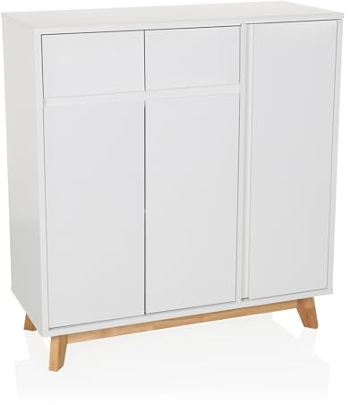 hjh LIVING Highboard mit 2 Schubladen, 3 Türen ESTHA Kommode im skandinavischen Stil, Soft-Close, griffloses Design, Schrank mit Holzbeinen, Weiß